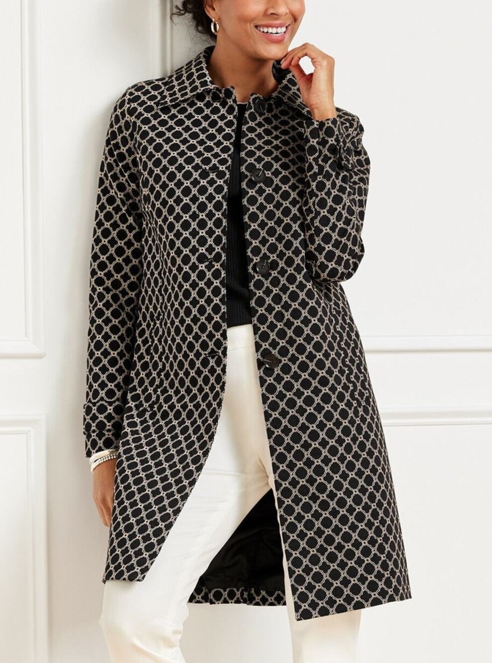 NWT Talbots Jacquard Geo Print Mac Trench Coat Womens L Black White Work Career